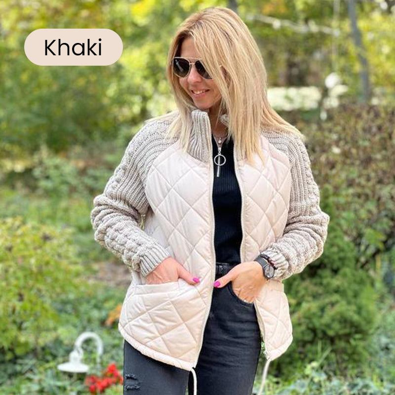 Warme Damen Steppjacke im Strick-Patchwork-Design