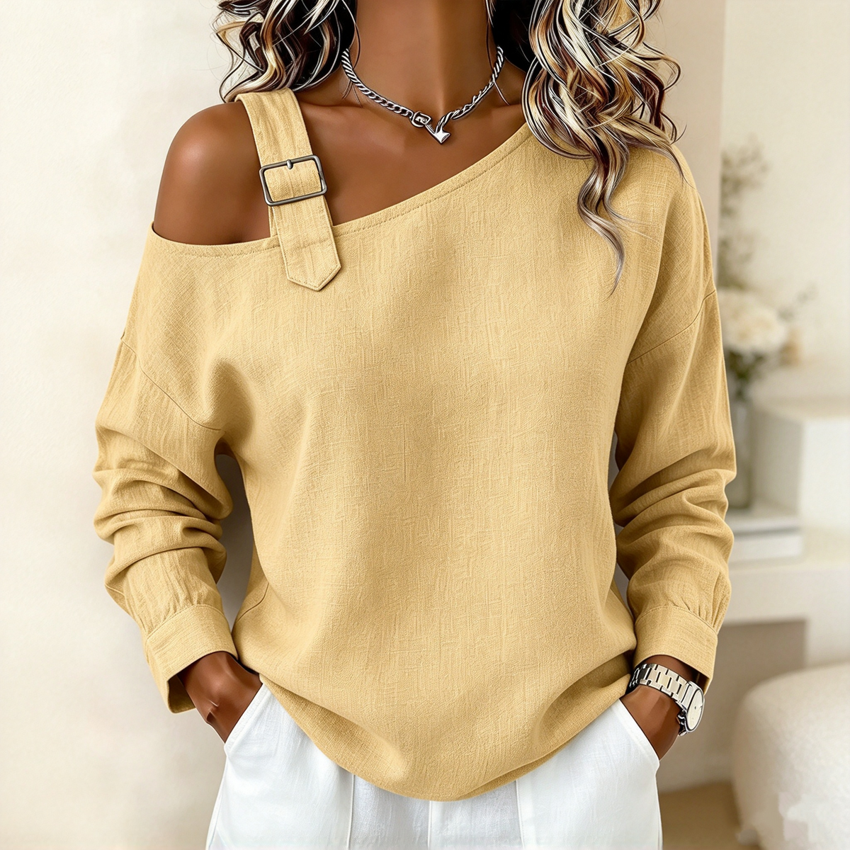 👚 Damen lässiges einfarbiges Leinen-Baumwolle Oberteil mit freier Schulter