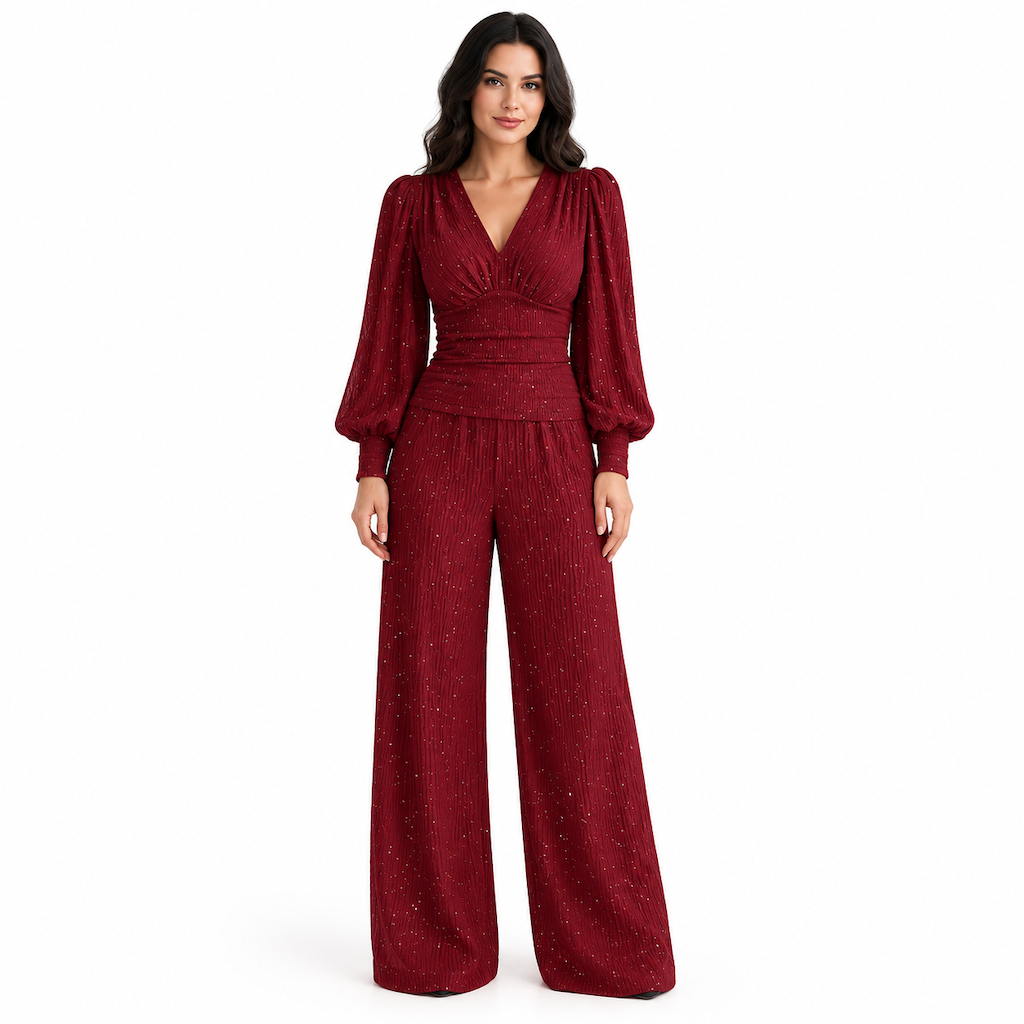 Zweiteiliges Damen-Outfit Für Herbst und Winter Tiefer V-Ausschnitt, Ballonärmel, Plissiertes Oberteil und weithosen mit Taschen