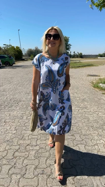 💕Lniano-bawełniana sukienka z nadrukiem👗