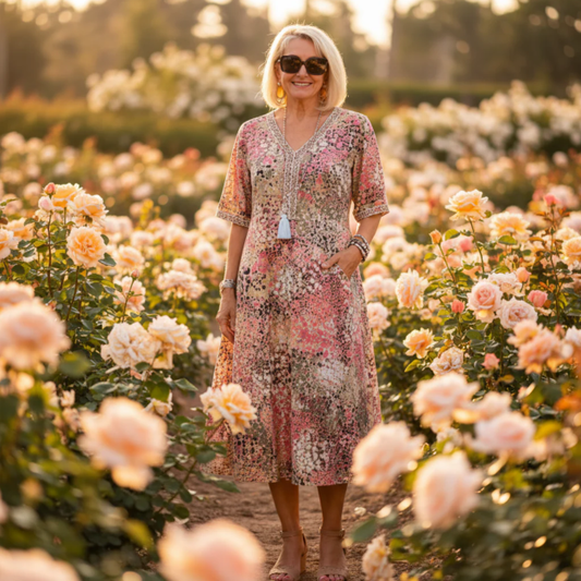 🌸 VIVID PRINT SUKIENKA MIDI Z DEKOLTEM W SZYJĘ — Sylwetka z talią | Lekka i zwiewna