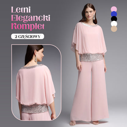 Elegancki 2-Częściowy Zestaw Z Cekinową Lamówką W Bloki Kolorów