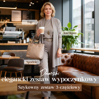 💞Elegancki trzyczęściowy zestaw składający się z długiego kardiganu, bluzki i spodni.