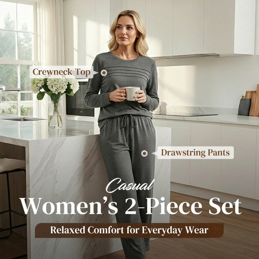 ✨Komplet Loungewear z Dekoltem Okrągłym i Sznurkiem 👚 Miękki Dopasowany Top i Spodnie