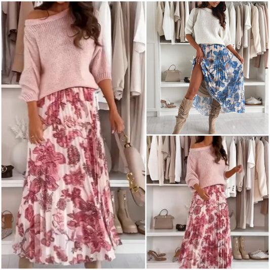 🔥👗Top z okrągłym dekoltem i spódnica w paski z nadrukiem