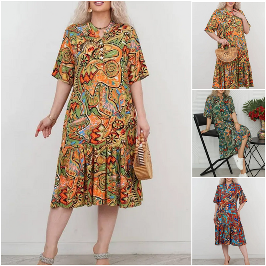 🔥 [S-4XL] 🌸👗 Sukienka Damska z Krótkim Rękawem w Kolorowy Wzór