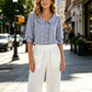 Damski pasek w paski z bufkami i guzikami