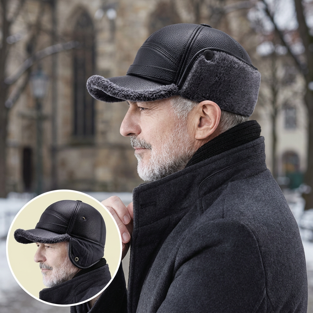 Herren Winter-Ledermütze mit Ohrenschutz im Detail