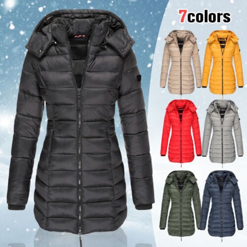 ✨ Mittellange wattierte Winterjacke für Damen – einfarbig & warme Kapuze