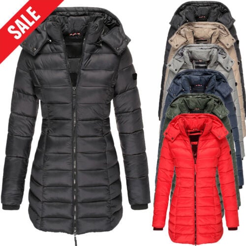 ✨ Mittellange wattierte Winterjacke für Damen – einfarbig & warme Kapuze