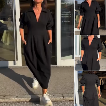 🌸 Damska sukienka midi z dekoltem V i klapami w talii