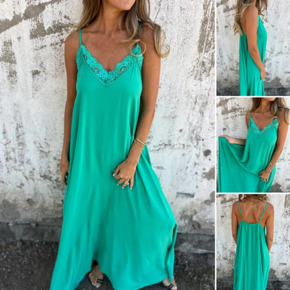 🌸Elegancka damska koronkowa sukienka z dekoltem V i ramiączkami spaghetti