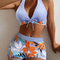 🌿 Kostium kąpielowy z tropikalnym wzorem liści – dekolt w serek i wiązanie na plecach | Dwuczęściowe bikini 👙🌴✨