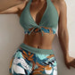 🌿 Kostium kąpielowy z tropikalnym wzorem liści – dekolt w serek i wiązanie na plecach | Dwuczęściowe bikini 👙🌴✨