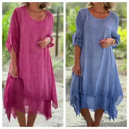💕Elegancka dwuwarstwowa sukienka z naturalnego lnu z okrągłym dekoltem