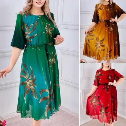 Sukienka midi z nadrukiem w stylu retro i rękawem 3/4