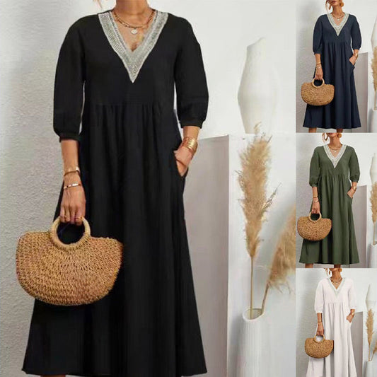 Damska casualowa sukienka Boho maxi z dekoltem w serek z bawełny i lnu