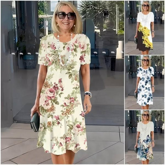 🥰Eleganckie sukienki damskie z okrągłym dekoltem i kwiatowym nadrukiem