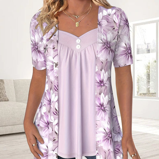 💖Damski nieregularny kwiatowy patchworkowy top