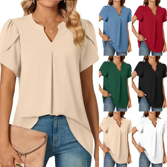 【M-2XL】Damska koszulka z krótkim rękawem w jednolitym kolorze z dekoltem w serek