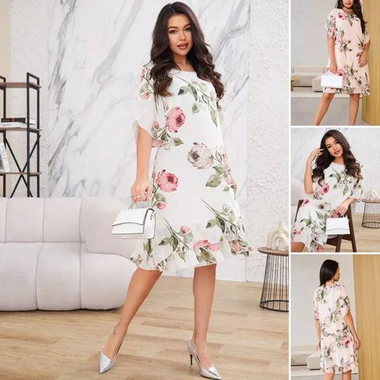 🔥👗Sukienka z szyfonu z rozkloszowanymi płatkami różu