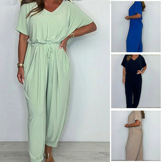 💖【S-3XL】Luźny kombinezon z dekoltem w szpic w jednolitym kolorze
