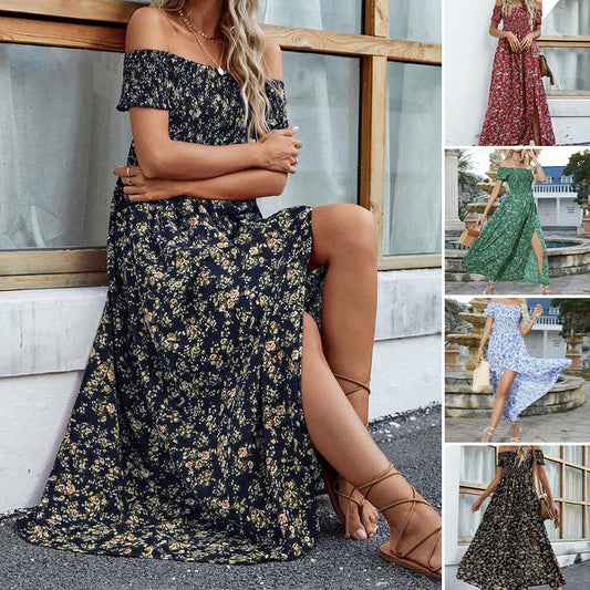🌿Elegancka damska sukienka z odkrytymi ramionami w kwiatowy wzór