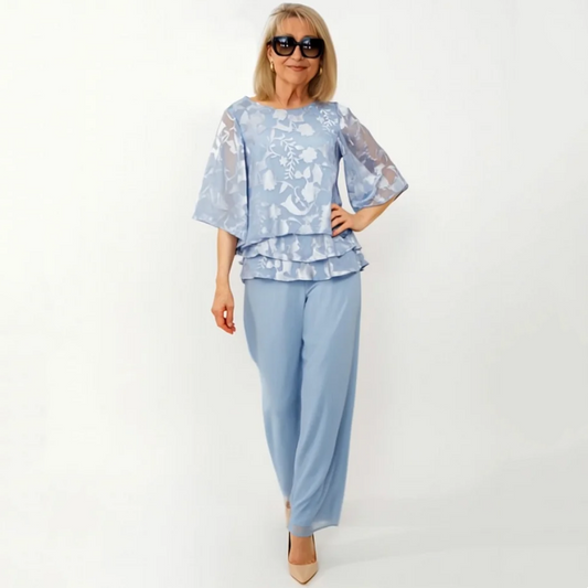 💝Elegancki damski szyfonowy warstwowy top i spodnie z szerokimi nogawkami