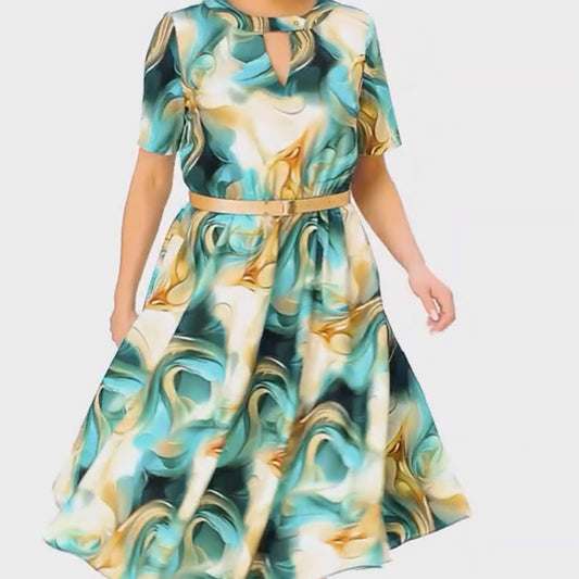 Elegancka i stylowa drukowana sukienka z krótkim rękawem (z paskiem)