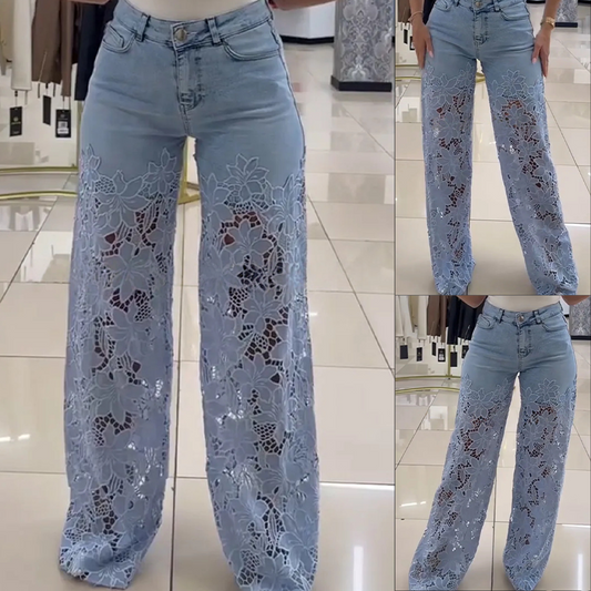 👖Modne dżinsy z koronkowymi naszywkami