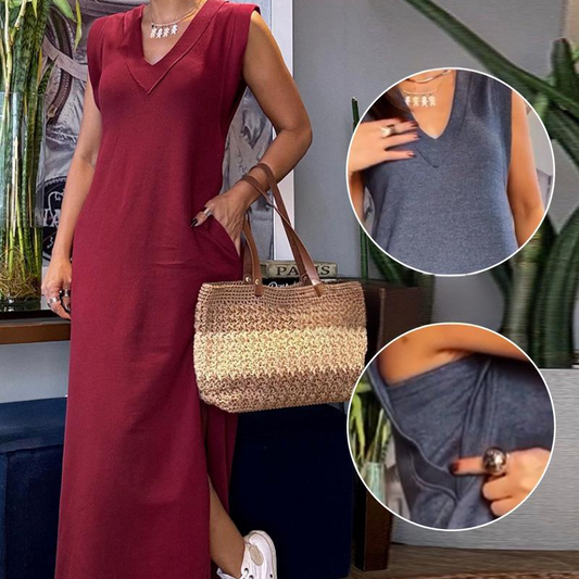 🔥👗Damska sukienka maxi z dekoltem w serek i bez rękawów