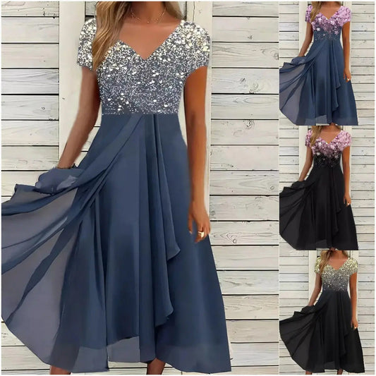 Damska letnia sukienka patchworkowa z nadrukiem V-Neck
