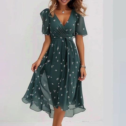 🔥👗Niebieska sukienka midi z krótkim rękawem