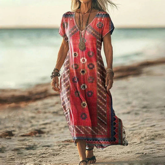 🔥👗Damska sukienka z krótkim rękawem i nadrukiem V-Neck