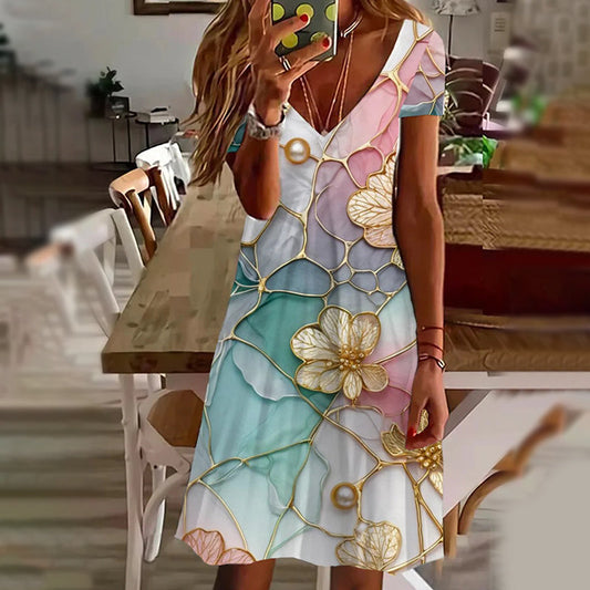 🌺Eleganckie damskie sukienki z dekoltem w serek z nadrukiem