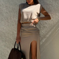 Elegancki top damski & Spódnica z wysokim rozcięciem