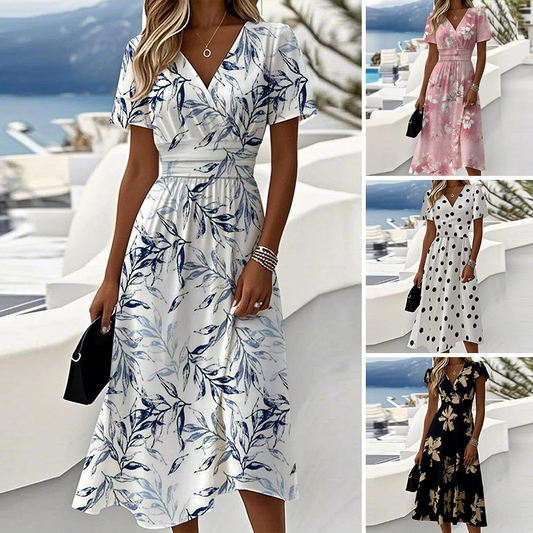 👗Sukienka midi z dekoltem w szpic i nadrukiem Moda Damska
