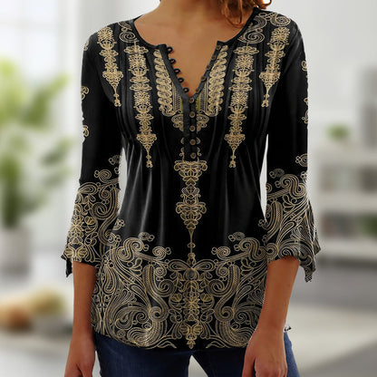 👚Bluzka z rozkloszowanymi rękawami z dekoltem w serek z nadrukiem w stylu vintage