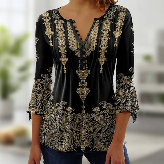 👚Bluzka z rozkloszowanymi rękawami z dekoltem w serek z nadrukiem w stylu vintage