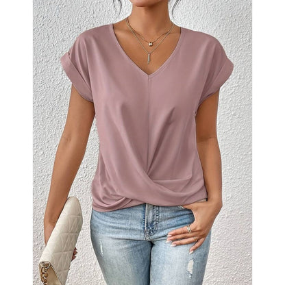 👚Codzienny, elegancki T-shirt z krótkim rękawem, dekoltem w serek i skręconym przodem