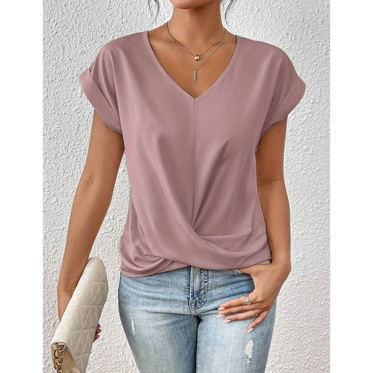 👚Codzienny, elegancki T-shirt z krótkim rękawem, dekoltem w serek i skręconym przodem