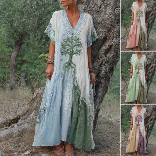 ✨️ [S-4XL] 🌞🎨 Elegancka Sukienka Maxi z Dekoltem w Serek w Gradientzie 👗