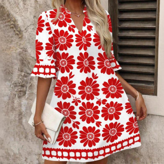 🔥👗Sukienka z dekoltem w serek i kwiatowym nadrukiem