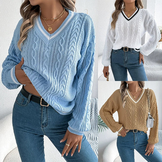 Damski długi rękaw w V-Neck dzianinowy sweter