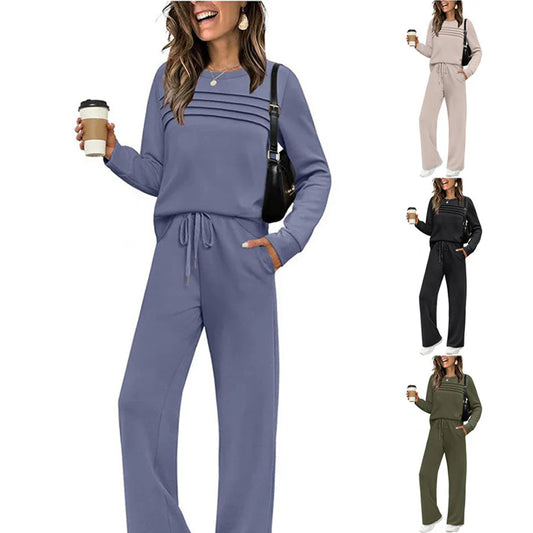 Zestaw damski z bluzką z okrągłym dekoltem i spodniami ze sznurkiem