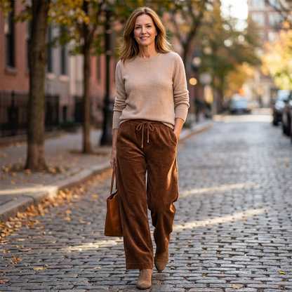 👖✨ 49% ZNIŻKI! Luźne sztruksowe spodnie damskie – szerokie nogawki, regulowana talia i odporność na zagniecenia w retro stylu