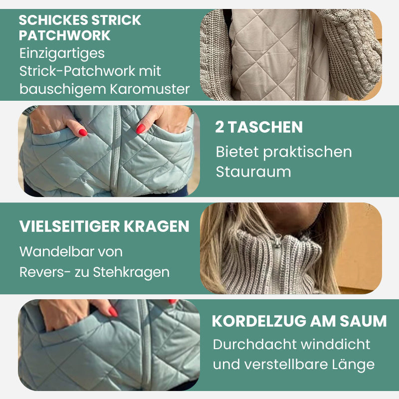 Warme Damen Steppjacke im Strick-Patchwork-Design