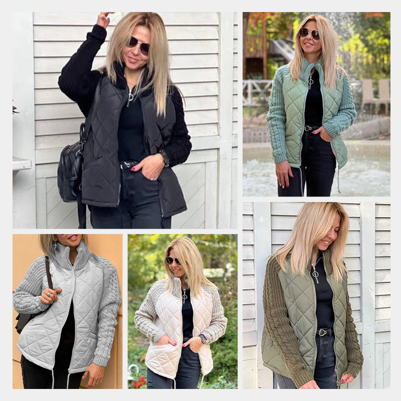 Warme Damen Steppjacke im Strick-Patchwork-Design