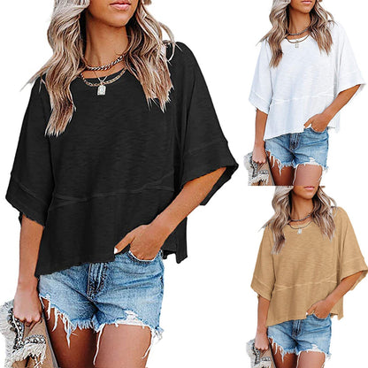 Damski T-shirt z jednolitym kolorem, łączony, luźny, z rękawami w stylu dzwonów