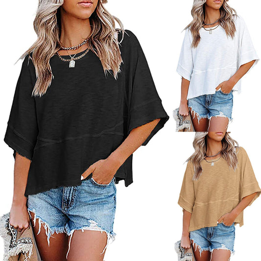 Damski T-shirt z jednolitym kolorem, łączony, luźny, z rękawami w stylu dzwonów